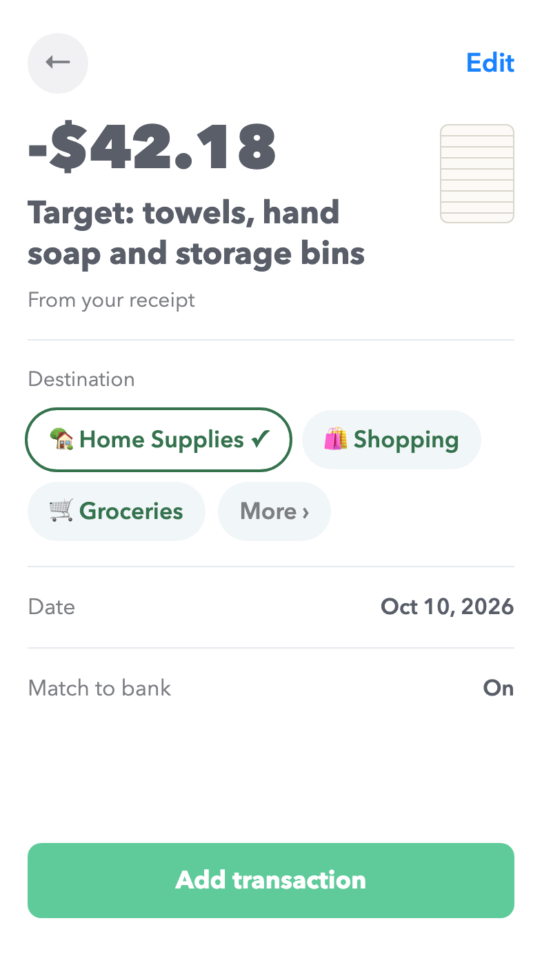 The Weekly app after a receipt scan, showing a $42.18 Target purchase with Home Supplies picked as the destination