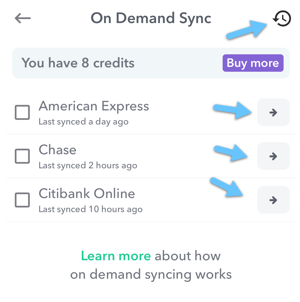 The clock icon and the arrows on the on-demand sync page