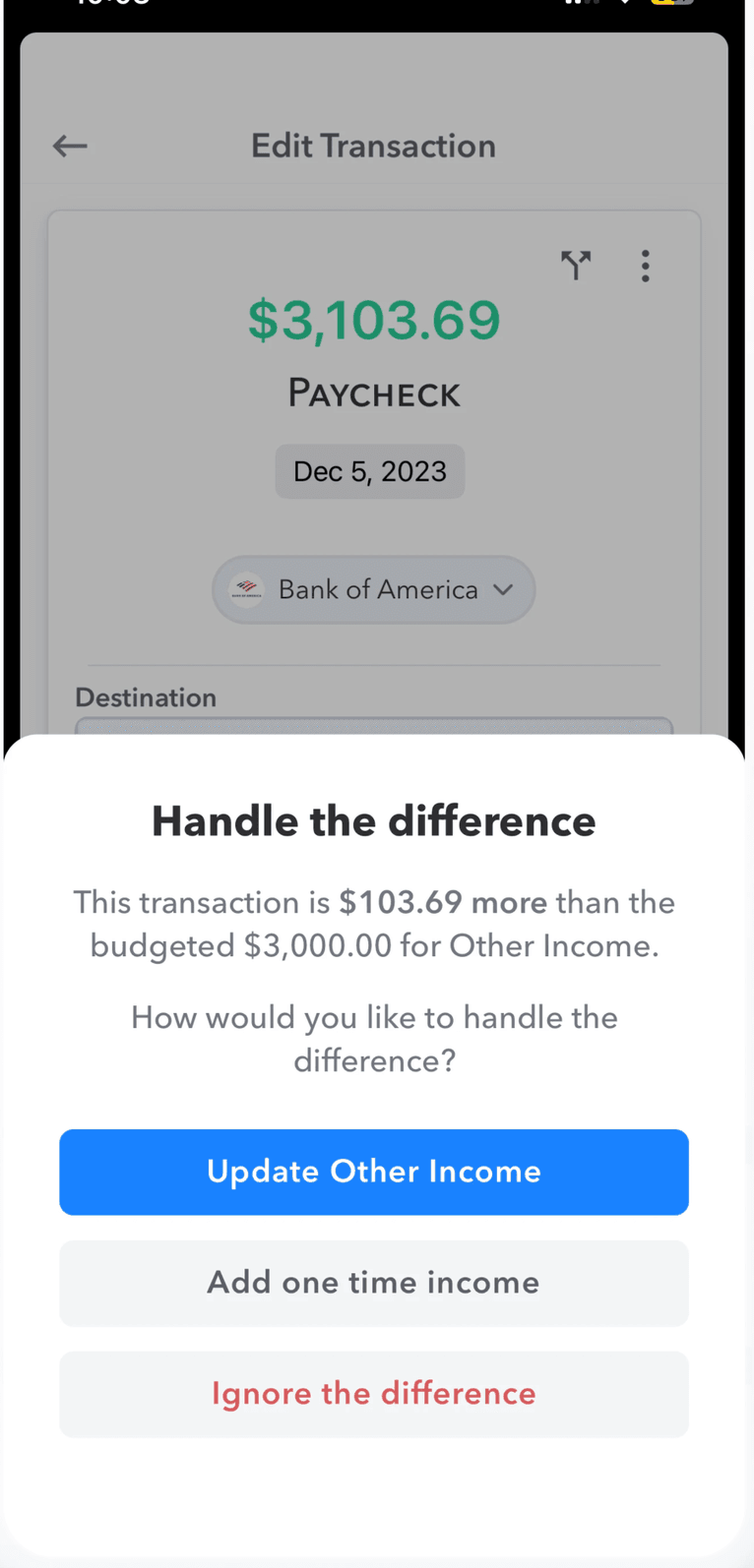 Handle the difference adjustment transaction