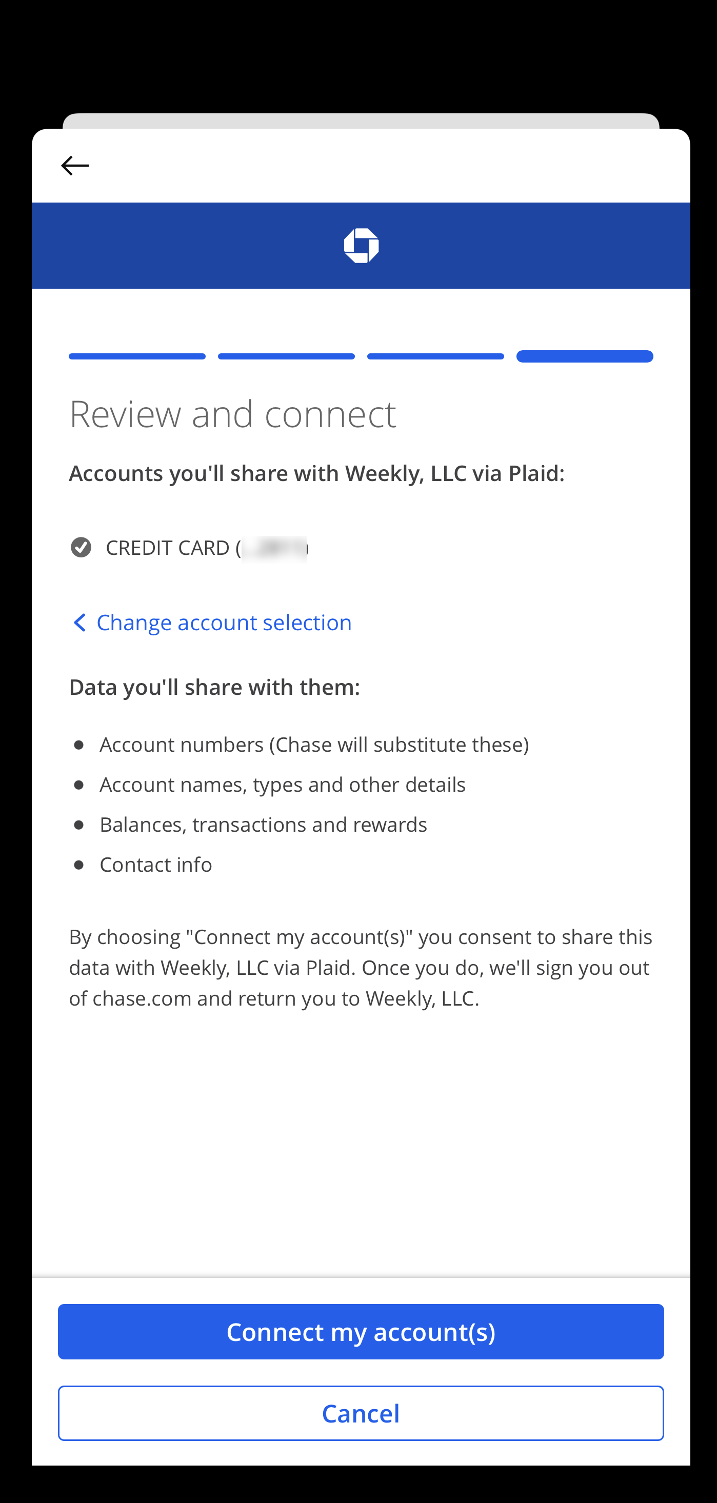 Mobile screenshot Chase and Plaid connection via OAuth