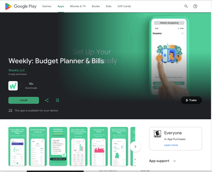 A screenshot of the Weekly: Budget Planner & Bills listing on the Google Play Store