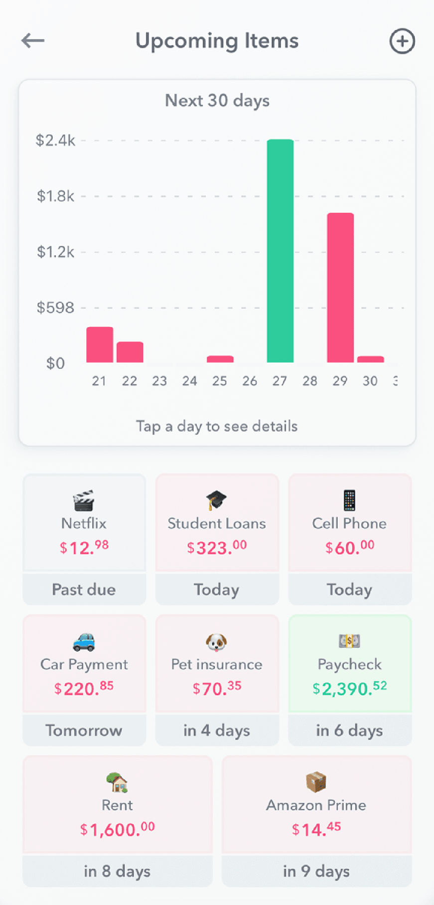 Upcoming bills for the next 30 days in Weekly