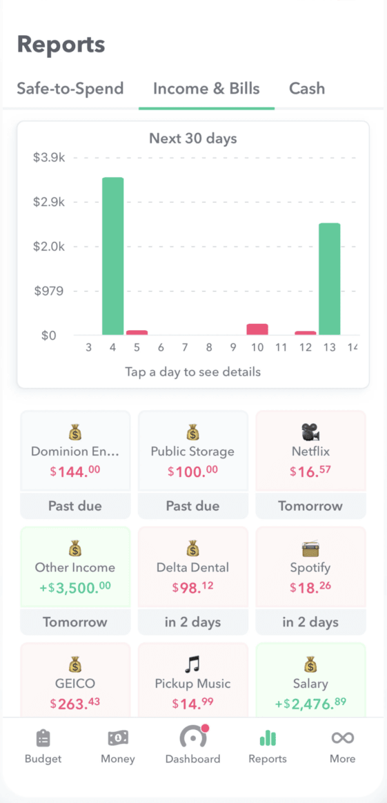 Upcoming bills and income transactions in Weekly