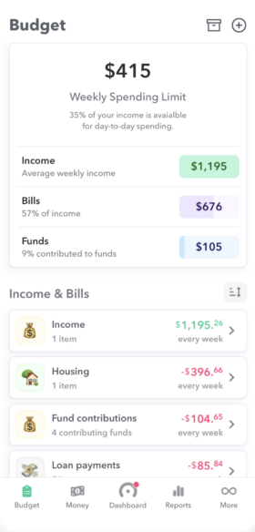 The Budget screen in Weekly, broken down into income, bills, and funds
