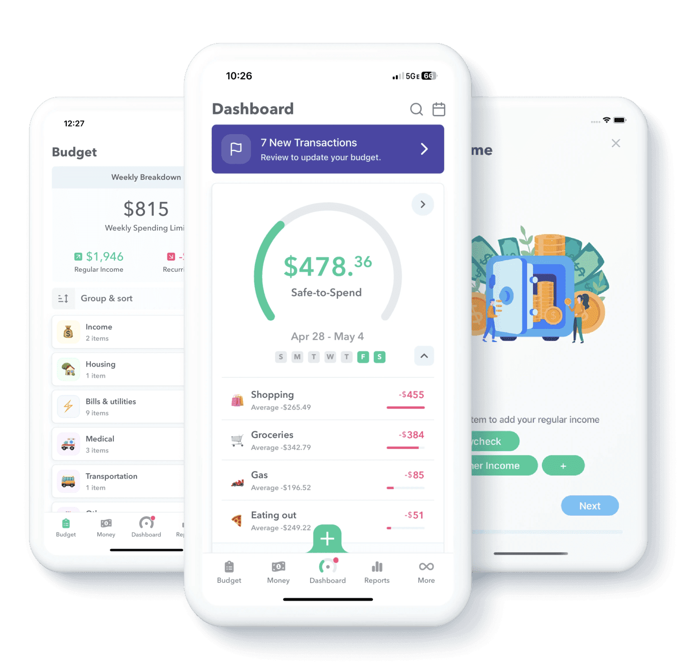 Three screens from the Weekly app: the Budget breakdown, the Dashboard with Safe-to-Spend, and setting up regular income