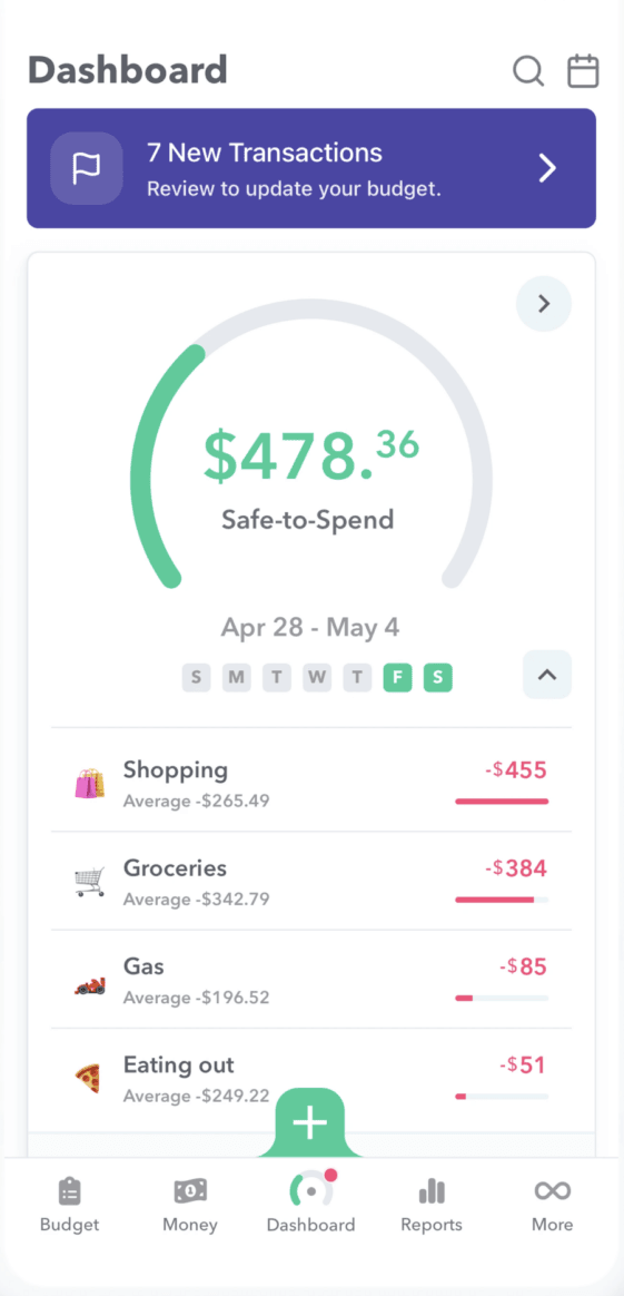 The Weekly Dashboard showing this week's Safe-to-Spend amount of $478.36