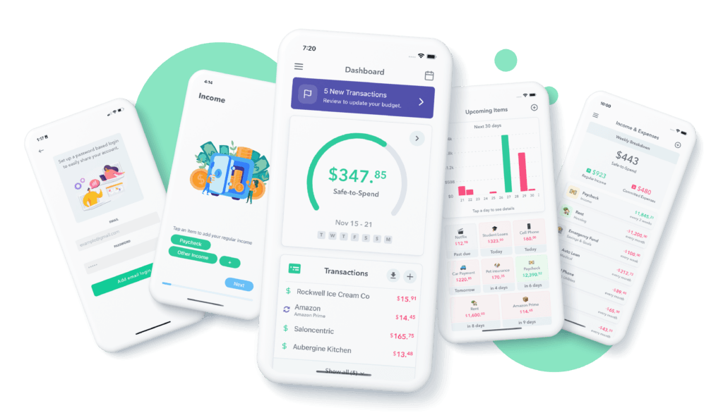 Five screens from the Weekly app, including the Dashboard and Safe-to-Spend
