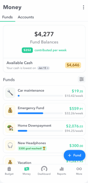 Funds overview in Weekly, showing balances and weekly contributions toward each goal