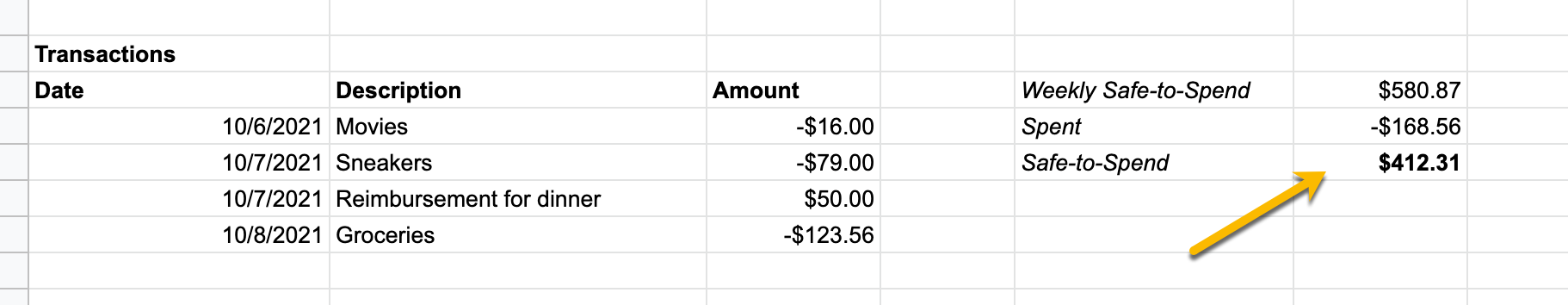 A week of transactions and the Safe-to-Spend that remains