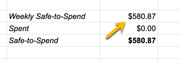 The Tracker sheet with the Weekly Safe-to-Spend carried over