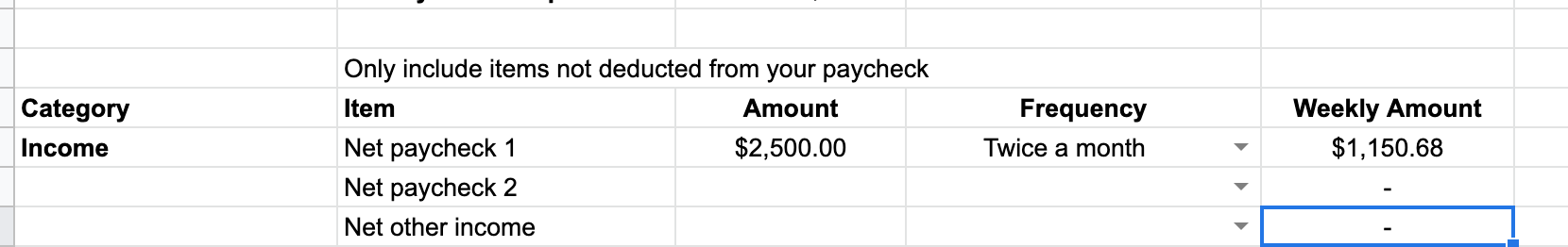 The income rows of the template, with a paycheck amount and a frequency
