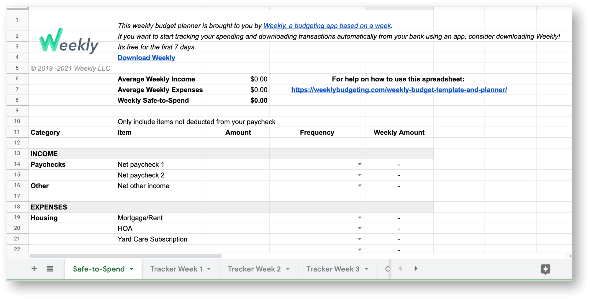 The weekly budget template open in Excel