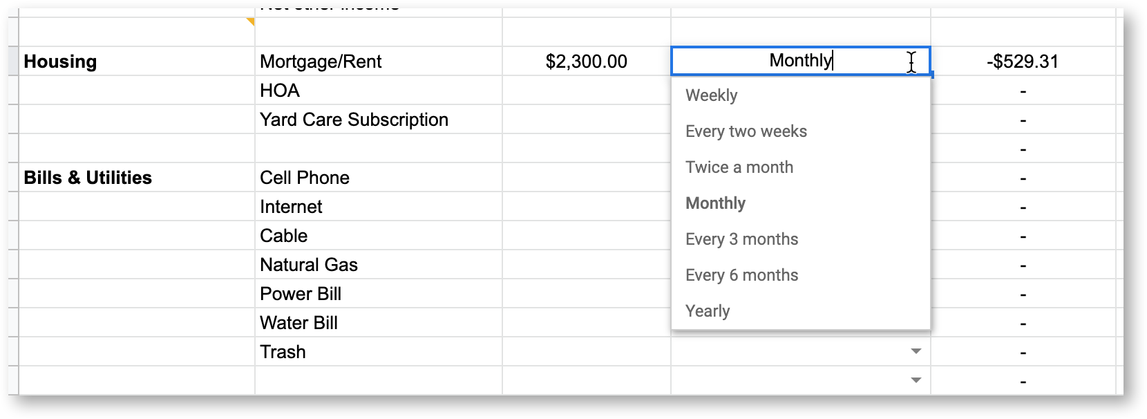 The frequency dropdown for an expense